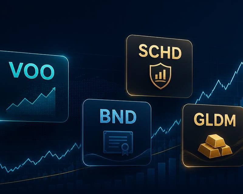 ETF ticker cards for VOO, SCHD, BND and GLDM above a rising market chart