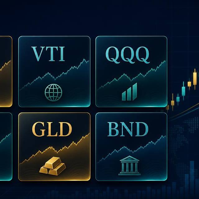 Ticker cards for VOO, VTI, QQQ, SCHD, GLD and BND over a rising market chart