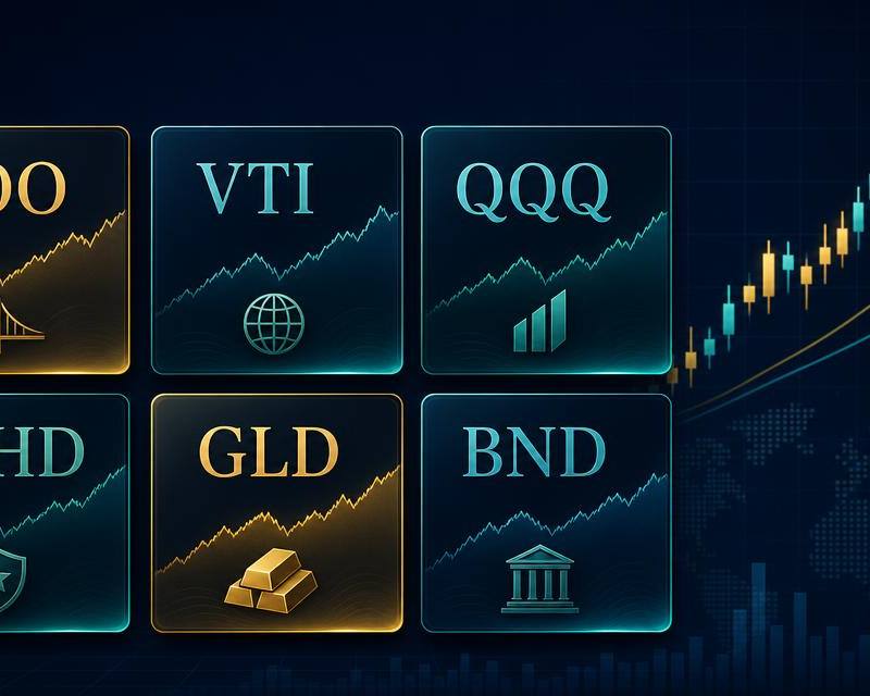 Ticker cards for VOO, VTI, QQQ, SCHD, GLD and BND over a rising market chart