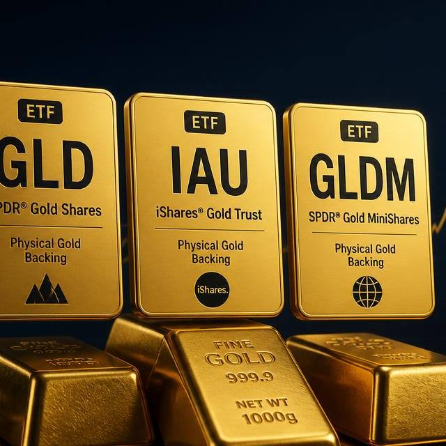 Gold ETF ticker cards for GLD, IAU and GLDM above stacked gold bullion bars with a rising gold price chart