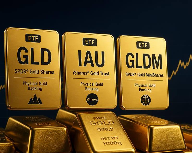 Gold ETF ticker cards for GLD, IAU and GLDM above stacked gold bullion bars with a rising gold price chart