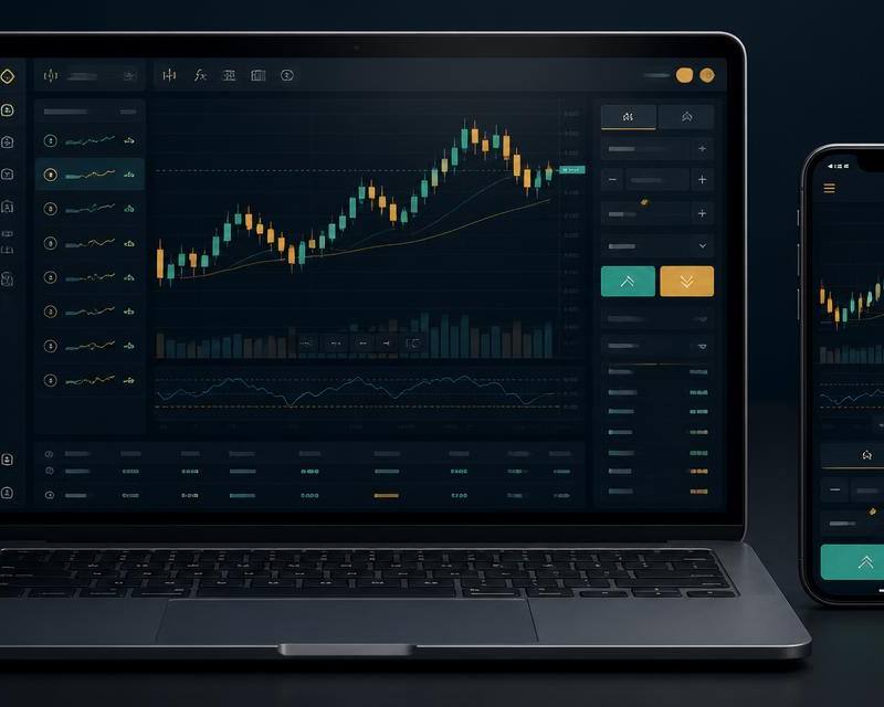Trading platform charts shown on a laptop and mobile app side by side