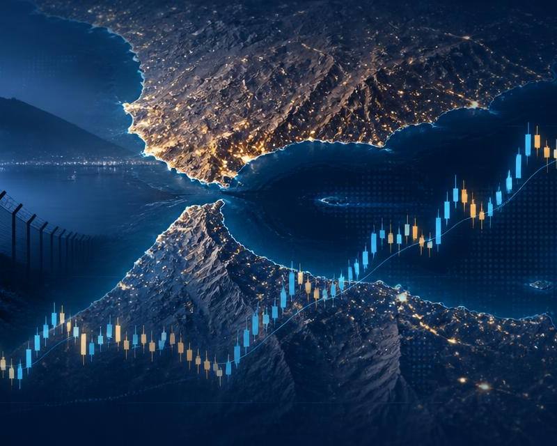 Map of the Strait of Gibraltar and the Spain-Morocco border overlaid with a EUR/USD candlestick chart