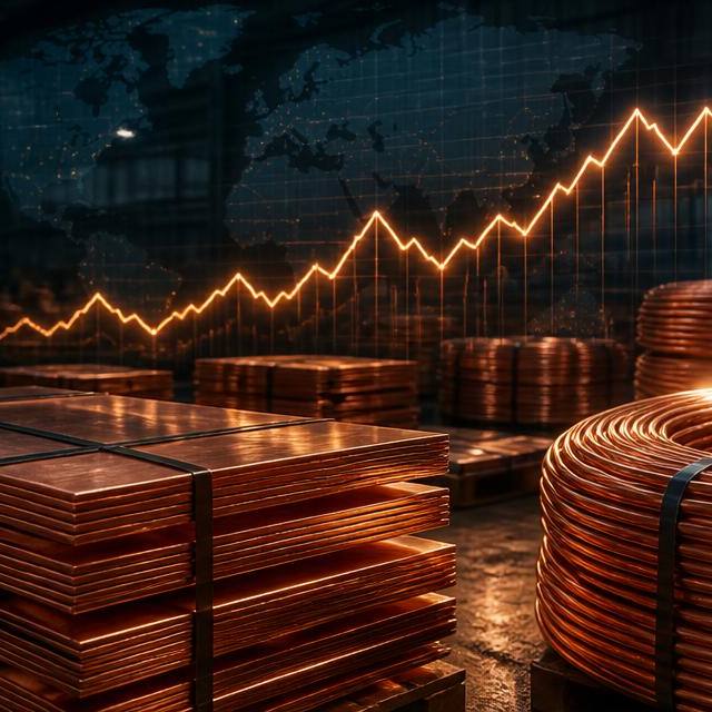Stacks of copper cathode sheets and copper wire coils in a warehouse with a rising price chart overlay