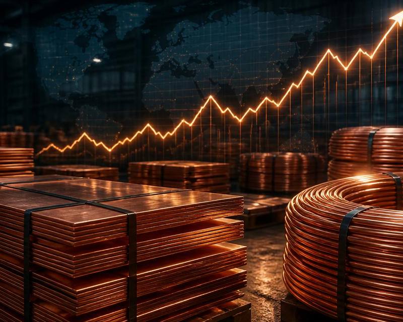 Stacks of copper cathode sheets and copper wire coils in a warehouse with a rising price chart overlay