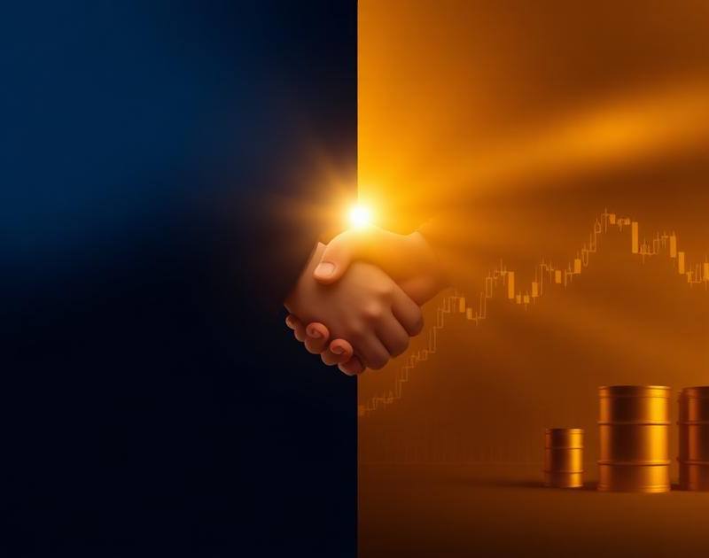 Split composition symbolising Iran-Israel ceasefire market impact with oil barrels and stock chart