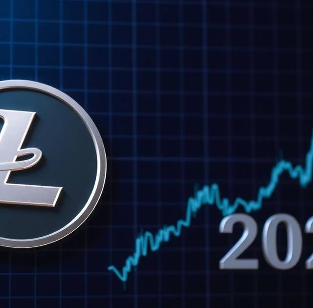 Litecoin logo with an ascending price chart and 2026 on a dark blue background