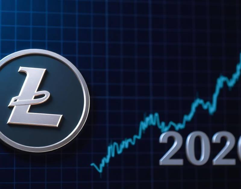 Litecoin logo with an ascending price chart and 2026 on a dark blue background