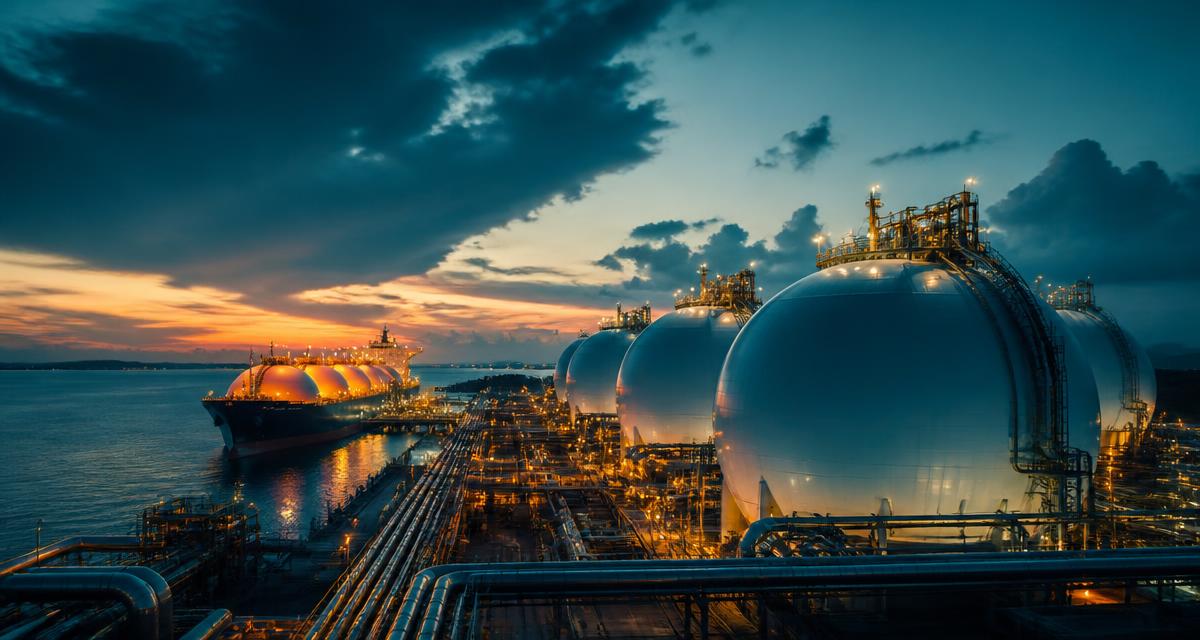 LNG export terminal with storage tanks and a tanker at dusk, illustrating US natural gas export capacity