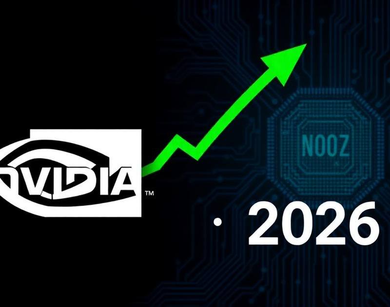 NVIDIA logo with ascending green stock chart and 2026 on a dark tech background