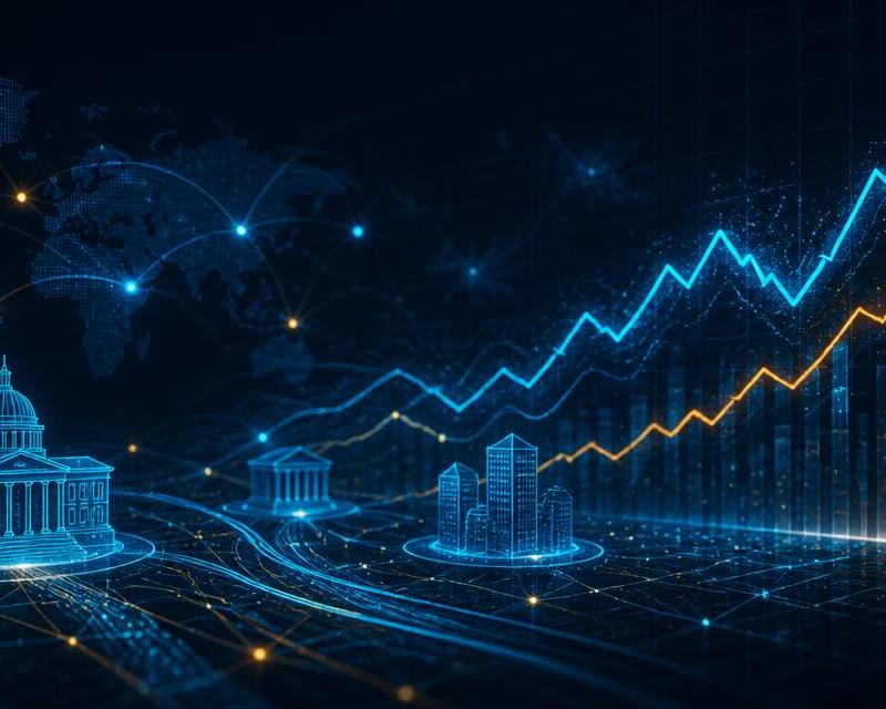 Abstract data-analytics dashboard with rising charts representing Palantir stock forecast for 2026