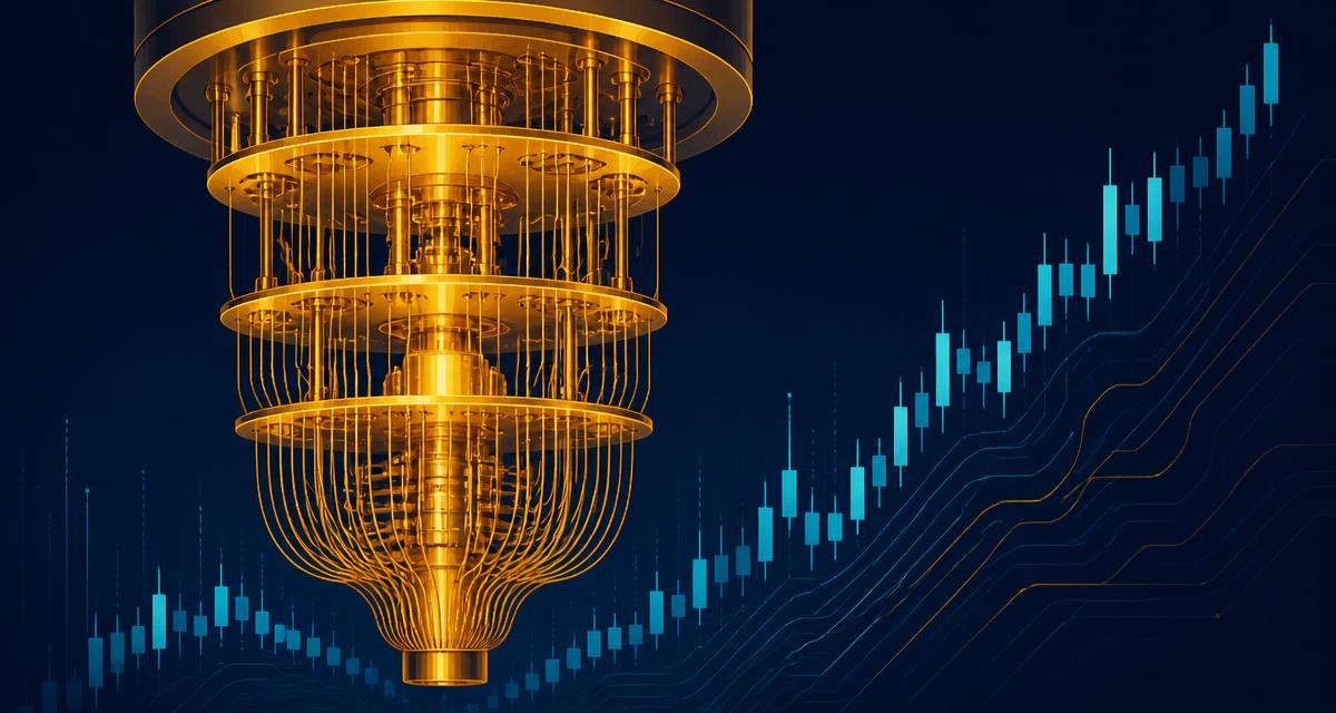 Golden quantum computer chandelier beside a rising candlestick chart on a navy background