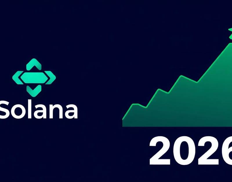 Solana SOL logo with an ascending green price chart and 2026 on a dark navy background