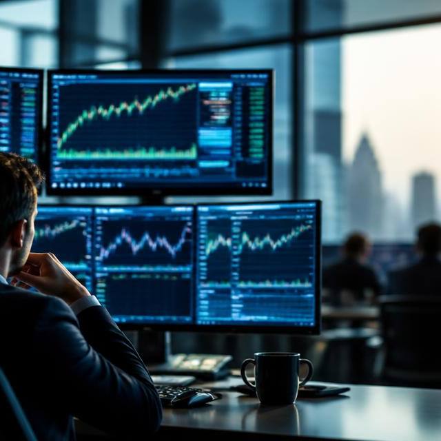 Professional trading desk with multiple monitors showing stock charts and market data at sunrise