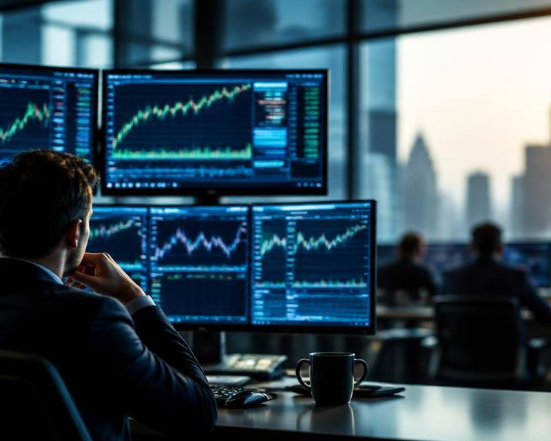 Professional trading desk with multiple monitors showing stock charts and market data at sunrise