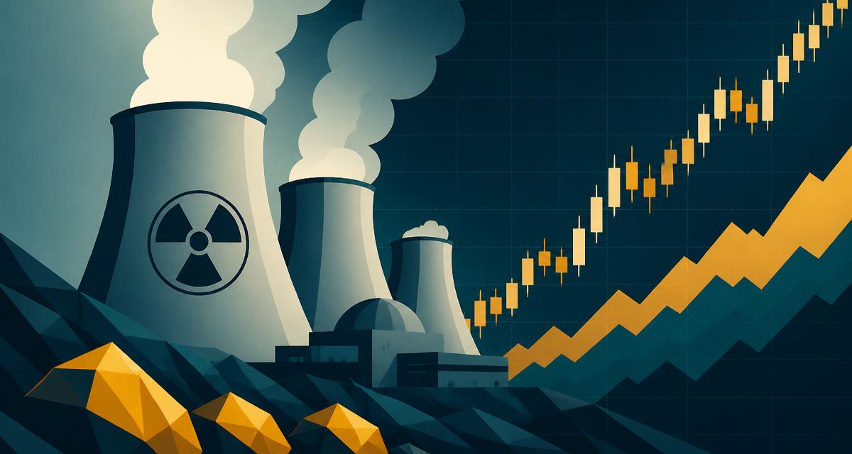 Illustration of nuclear cooling towers beside a rising candlestick chart representing uranium stocks in 2026