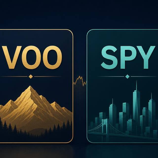 VOO and SPY S&P 500 ETF ticker cards side by side over a rising index chart
