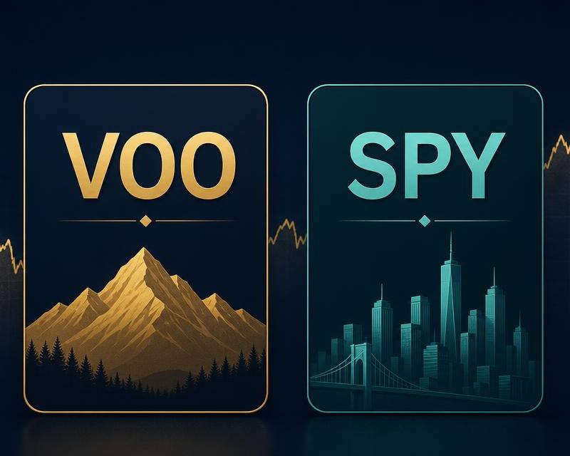 VOO and SPY S&P 500 ETF ticker cards side by side over a rising index chart