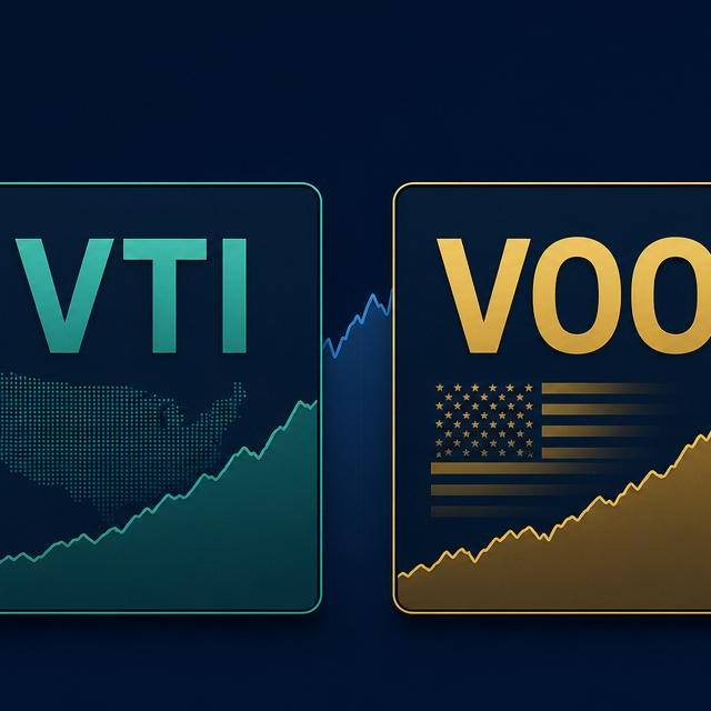 VTI and VOO Vanguard ETF ticker cards side by side over a rising US stock market chart