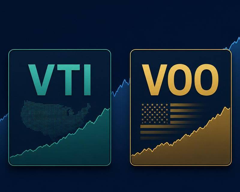 VTI and VOO Vanguard ETF ticker cards side by side over a rising US stock market chart