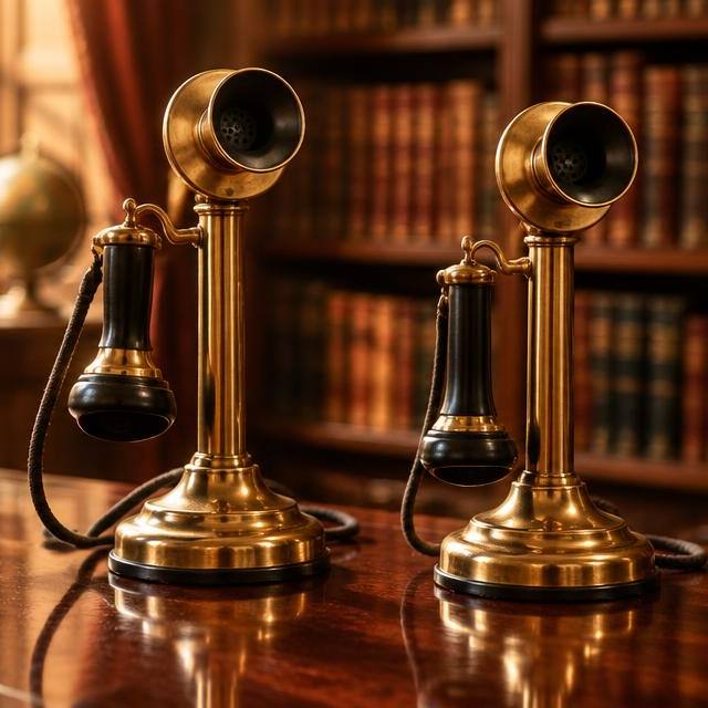 Two vintage brass candlestick telephones on a mahogany desk in a warm library — a visual pun on puts and calls