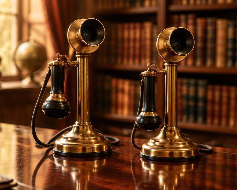 Two vintage brass candlestick telephones on a mahogany desk in a warm library — a visual pun on puts and calls