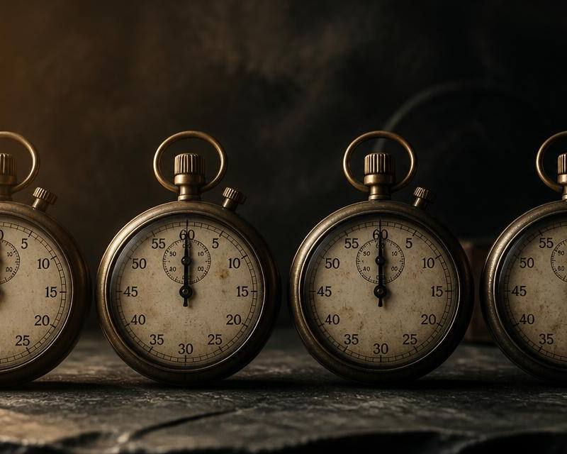 Four antique brass stopwatches in a row on dark slate, all frozen at the same moment, illustrating four derivatives contracts expiring together on quadruple witching day