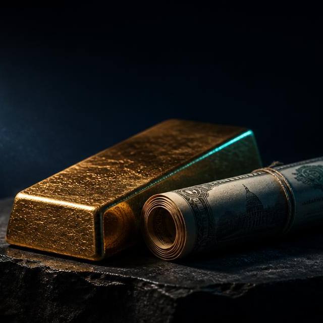 Gold bar and a rolled US banknote lit by a single hard light on dark slate, illustrating safe haven assets in 2026