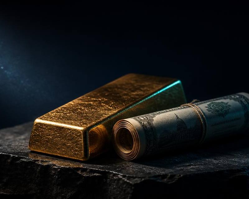 Gold bar and a rolled US banknote lit by a single hard light on dark slate, illustrating safe haven assets in 2026