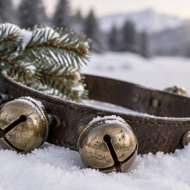 Antique brass sleigh bells on a leather strap resting in fresh snow beside an evergreen branch