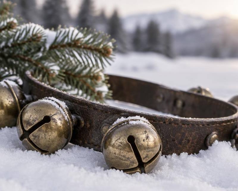 Antique brass sleigh bells on a leather strap resting in fresh snow beside an evergreen branch