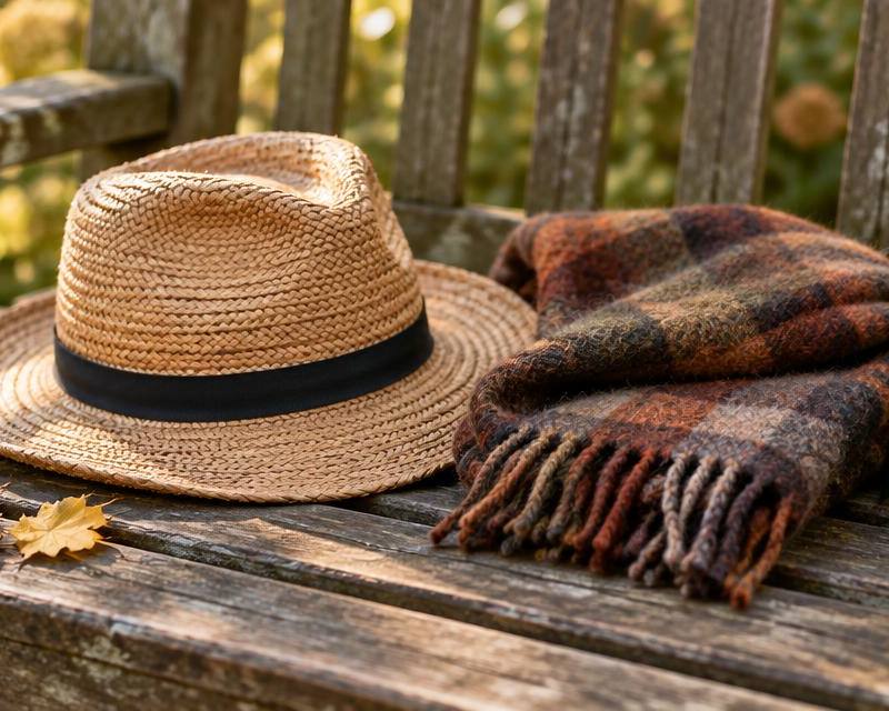 A straw summer hat and a plaid wool scarf side by side on a weathered garden bench, with autumn leaves and green sprigs