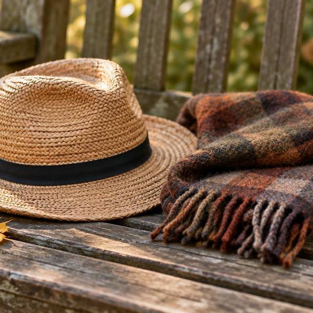 A straw summer hat and a plaid wool scarf side by side on a weathered garden bench, with autumn leaves and green sprigs