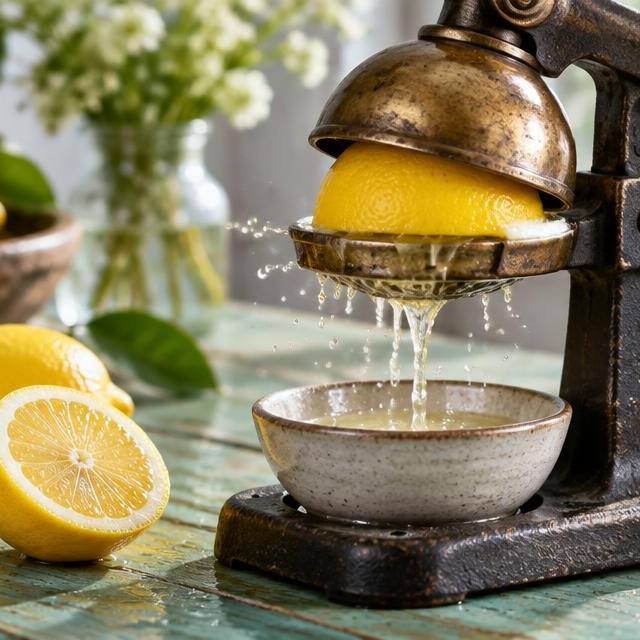 Vintage cast-iron citrus press squeezing a lemon on a teal wooden table
