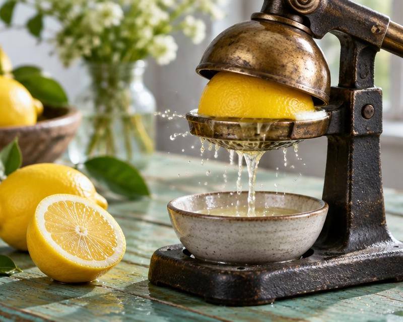 Vintage cast-iron citrus press squeezing a lemon on a teal wooden table