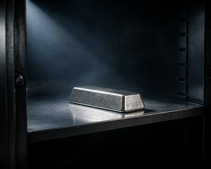 A single silver bullion bar on an otherwise empty bank vault shelf under cold directional light