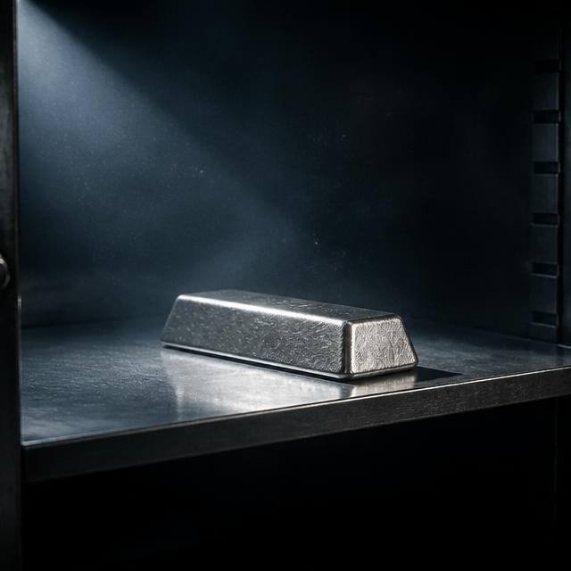 A single silver bullion bar on an otherwise empty bank vault shelf under cold directional light