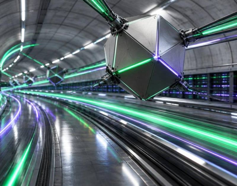 Metallic validator node racing through a green and violet data corridor