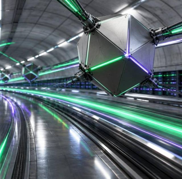 Metallic validator node racing through a green and violet data corridor