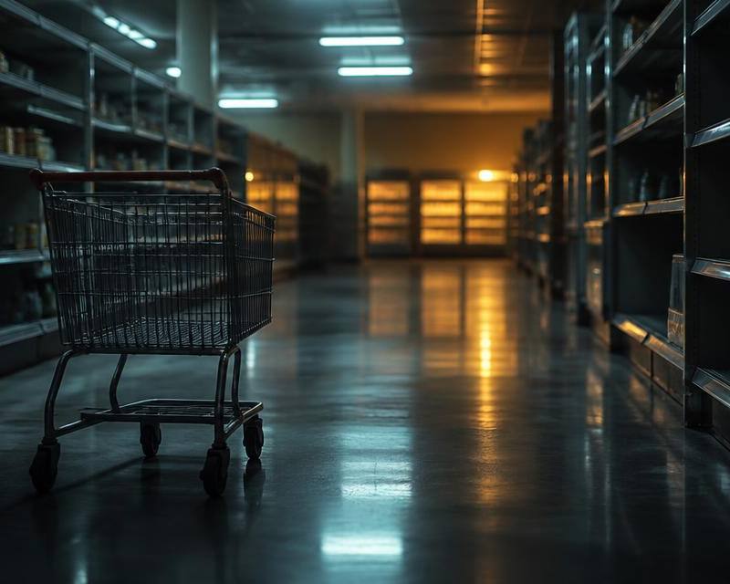 An abandoned shopping trolley in a dimly lit, sparsely stocked supermarket aisle at night