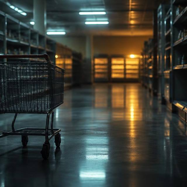 An abandoned shopping trolley in a dimly lit, sparsely stocked supermarket aisle at night
