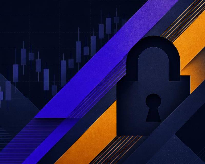 Abstract editorial cover art showing a padlock over a diagonal stripe motif and a muted candlestick chart, illustrating locked private-market access to Stripe stock