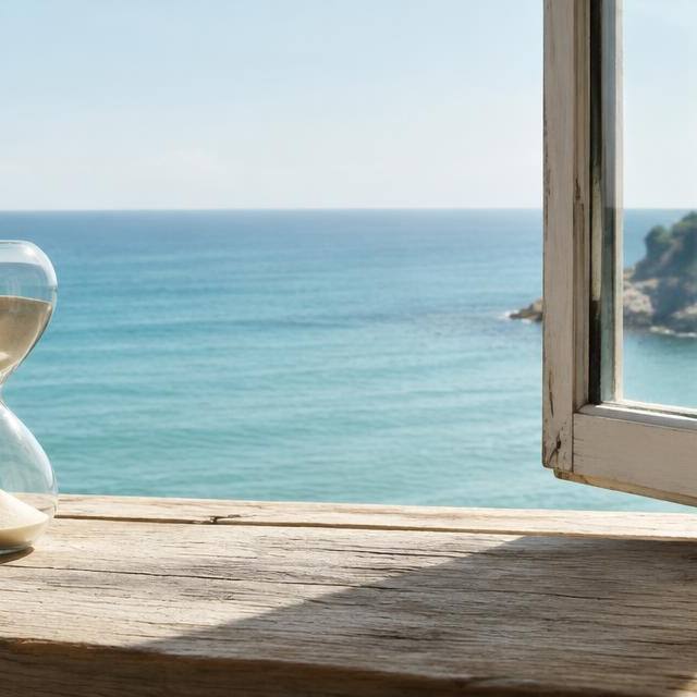 Glass hourglass on a wooden windowsill overlooking a calm sea