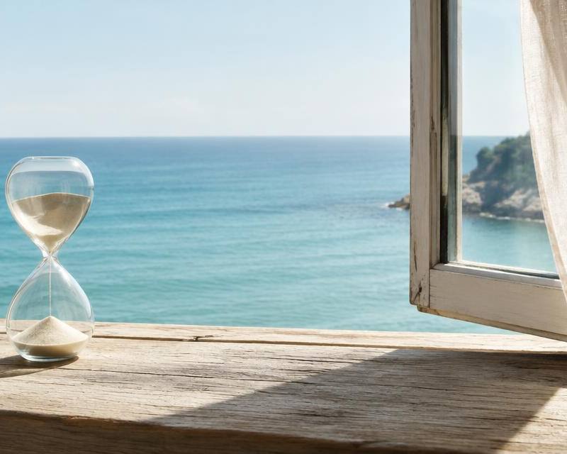Glass hourglass on a wooden windowsill overlooking a calm sea