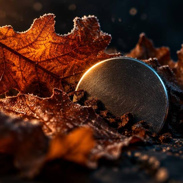 Frost-tipped autumn oak leaves on dark slate with a brushed metal token catching warm October light