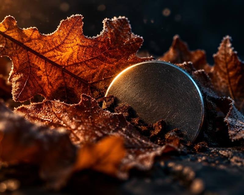 Frost-tipped autumn oak leaves on dark slate with a brushed metal token catching warm October light