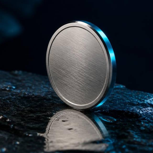 Brushed steel token standing on edge on wet dark slate with a teal rim light and mirrored reflection