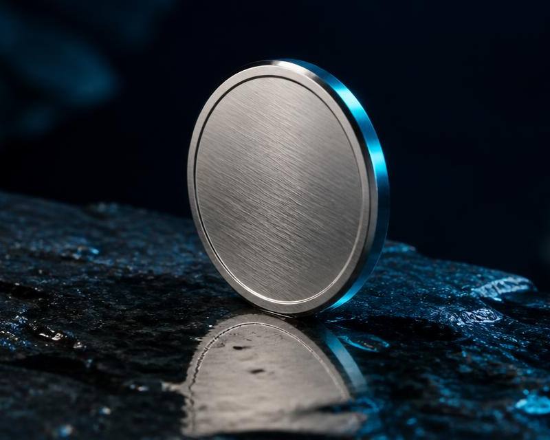 Brushed steel token standing on edge on wet dark slate with a teal rim light and mirrored reflection