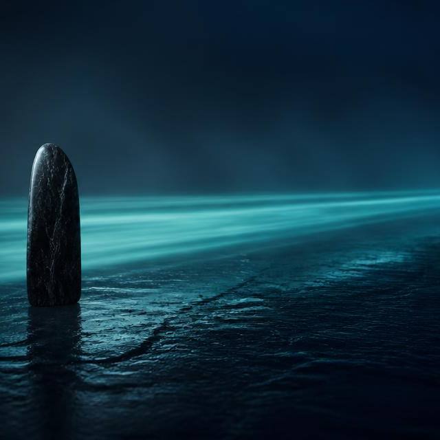 A dark polished stone standing on wet slate with a long teal light trail stretching to the horizon, illustrating a long-term XRP outlook