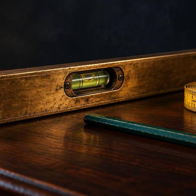 A vintage brass spirit level with an off-center bubble on a dark walnut desk beside a measuring tape and pencil
